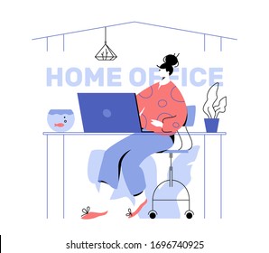 Home office vector illustration with young woman working with laptop. Modern stylish design for app and websites. Isolated on white background.