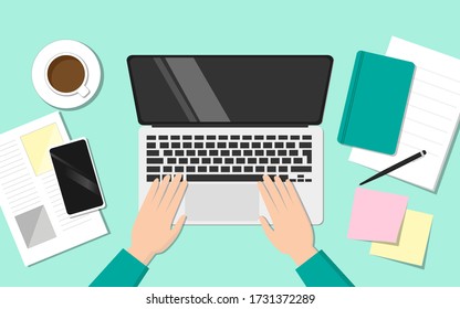 Home office vector illustrations, Desktop with laptop, books, coffee ,smartphone and hands, Pastel concept, Top view.