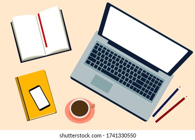  Ilustraciones vectoriales de la oficina del hogar, Escritorio con laptop, libros, café, smartphone. Bloc de notas. Concepto Pastel, Vista superior. concepto de estilo de vida en línea. Educación en línea, concepto de trabajo en casa.