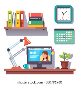 Home office wall with a calendar, bookshelf and clock. Flat style modern vector illustration.