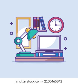 Home office wall with clock cartoon