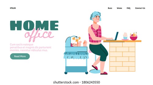 Home office web banner template with woman, young mother working remotely at home, flat cartoon vector illustration. Freelance and remote job landing page.
