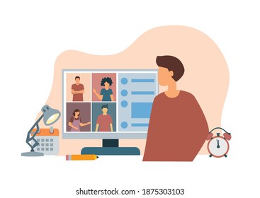 Home office, web conference with colleagues and friends. Webinar, online meeting concept vector illustration.