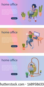 Home office web template concept. Freelance work from home due to coronavirus quarantine. Woman takes online education. Flat vector.