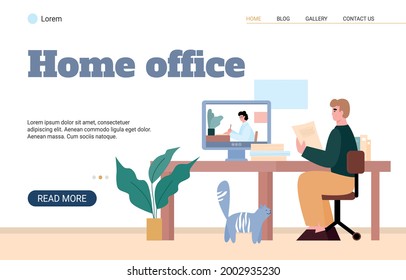 Home office website banner interface with businessman or freelancer cooperating with his colleagues via internet virtual conference, flat vector illustration.