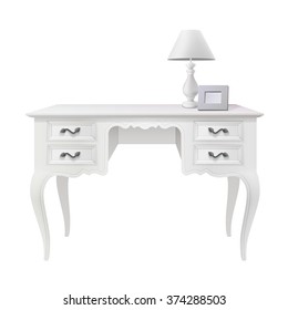 home office white vintage desk table with lamp and frame 
