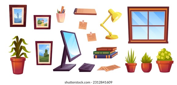 Home office window workspace vector interior set. Isolated cartoon work table equipment design illustration icon. Inside house cabinet environment decor with book, frame, computer and paper stickers.