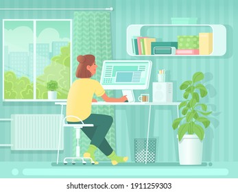 Home office. A woman is sitting at a desk in front of a computer in the room. Girl student or freelancer at work. Online shopping. Vector illustration in flat style