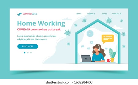 Home office, woman working from home. Landing page or banner template. Vector illustration in flat style 