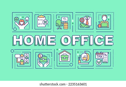 Home office word concepts light green banner. Working remotely. Infographics with editable icons on color background. Isolated typography. Vector illustration with text. Arial-Black font used