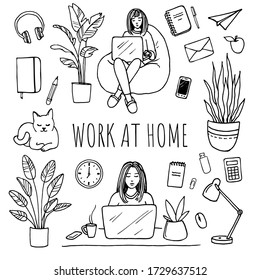 Home office. Work at home concept. Doodle illustrations.  Vector set. Freelance work.