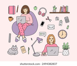 Home office. Work at home concept. Doodle illustrations.  Vector set. Line art.