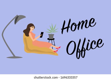 Home office work from home, illustration of lying woman and working on tablet or phone vector stylish coworking example