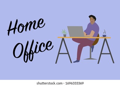 Home office work from home, illustration of man working on laptop computer vector stylish coworking example