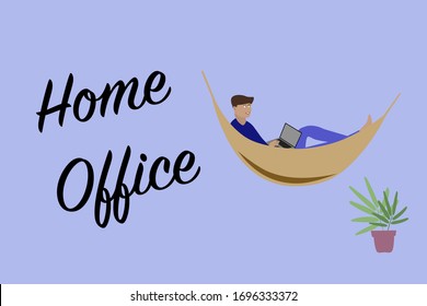 Home office work from home, illustration man lying in hammock and working on computer vector stylish coworking example