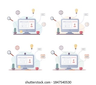Home office work. Workplace set. Flat vector illustration. Computer and work tasks. Isolated on white background.
