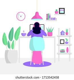 Home office worker business woman. Flat vector illustration with freelancer working on laptop sitting at workplace