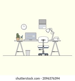 Home Office and Working Corner Flat Vector - with laptop, calendar, clock, chair, plant, etc.