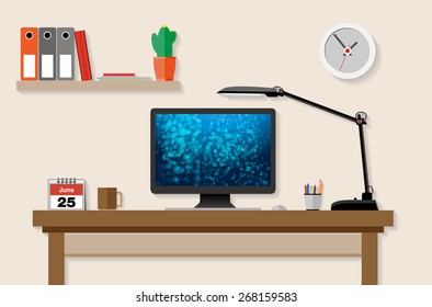 Home or office working place with computer, lamp etc. - vector illustration