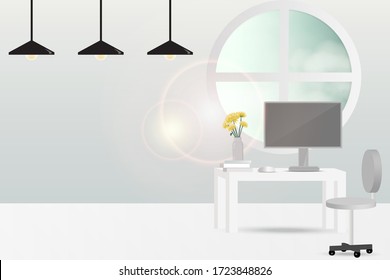 Home office, working space with bright light throught windows.