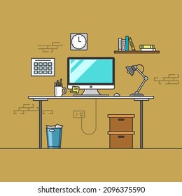 Home Office and Working Space Flat Vector - with computer, lamp, clock, calendar, etc.