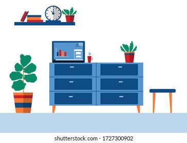 Home office, working space.Work from everywhere,work in your room.Stay at home, freelance. 
Сhest of drawers with laptop, bookshelves,plant. Vector flat style illustration.