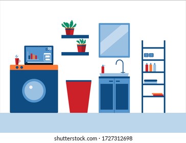 Home office, working space.Work from everywhere,work from your bathroom.Stay at home, freelance. Bathroom with washing machine, bookshelves,plant,sink. Vector flat style illustration. 