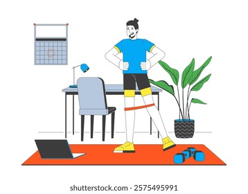 Home office workout session with resistance band cartoon flat illustration. Online fitness. Wfh man doing exercise with laptop 2D character isolated on white background. Vector colorful image