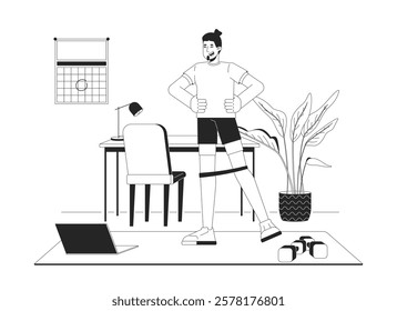 Home office workout session with resistance band linear illustration. Online fitness. Wfh man doing exercise with laptop 2D line character isolated on white. Monochrome vector outline image