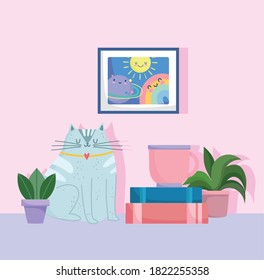 home office workplace coffee cup on books cat and potted plants vector illustration