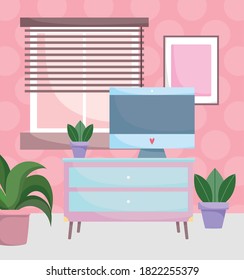 computadora en el lugar de trabajo de la oficina del hogar en la mesa con la ventana de plantas de cajones y la ilustración del vector de la sala de marcos