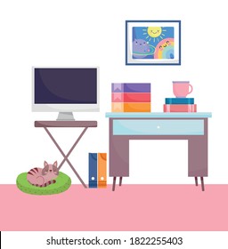 oficina en el hogar lugar de trabajo computadora tablero de tablas libros taza de café e ilustración del vector del gato