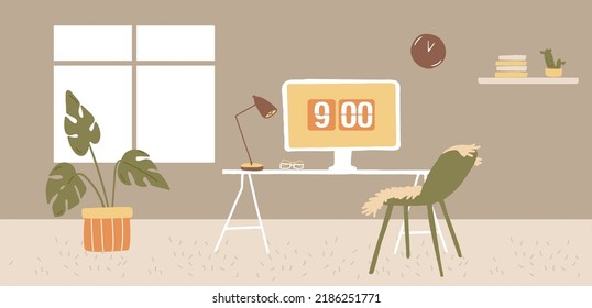 Home office workplace, cozy room interior with computer screen with clock on table, monstera plant in pot on carpet. Horizontal flat vector illistration.