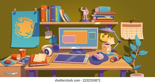 Home or office workplace with desk, computer and books on shelf. Student room interior with table, monitor, keyboard, lamp, paper notes and tea cup, vector illustration in contemporary style