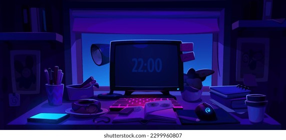 Home office workplace desk near window at night. Table workplace in study room interior design for student. Late dark illustration with desktop and mouse near keyboard. Cartoon education place concept