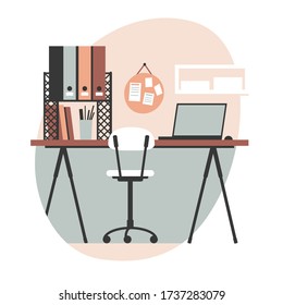 Home office. Workplace of female freelancer graphic designer. Work chair and desk with a laptop, office supplies, and a corkboard for notes. Modern flat vector illustration.