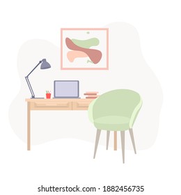 Lugar de trabajo en el hogar.  Diseño plano de espacio de trabajo moderno con muebles y accesorios. Espacio de coworking, interier oficina.