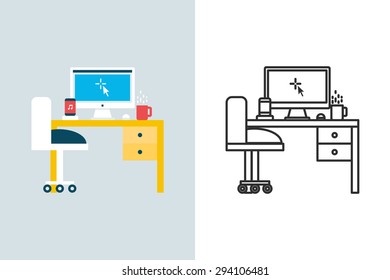 Home Office, Workplace Flat And Line Style Vector Icon