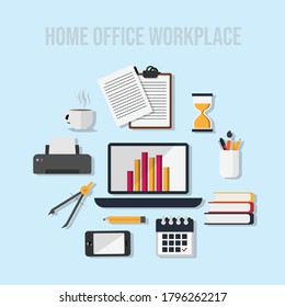 Home office workplace flat vector image. Workspace. Home office interior. Stylish home or studio. workplace of student with computer. Vector Flat design