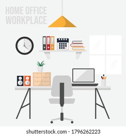 Home office workplace flat vector image. Workspace. Home office interior. Stylish home or studio. workplace of student with computer. Vector Flat design