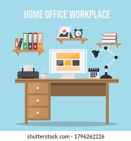 Home office workplace flat vector image. Workspace. Home office interior. Stylish home or studio. workplace of student with computer. Vector Flat design