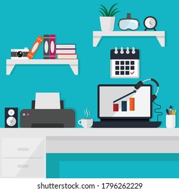Home office workplace flat vector image. Workspace. Home office interior. Stylish home or studio. workplace of student with computer. Vector Flat design