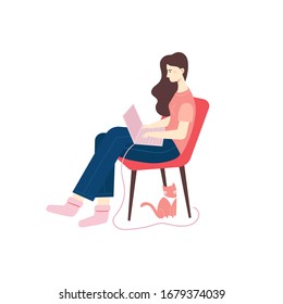 Home office workplace. Freelance or remote work design concept. Female freelancer working remotely from her laptop in the chair. Vector flat cartoon illustration