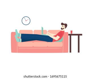 Home office workplace. Freelance or remote work design concept. Male freelancer working remotely from his laptop on the sofa at home. Vector flat cartoon illustration