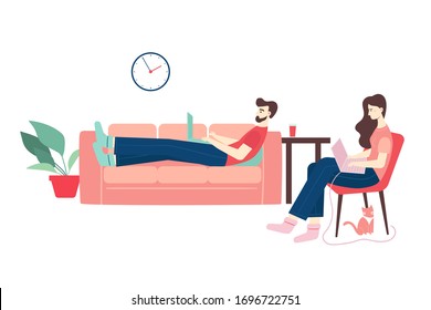 Home office workplace. Freelance or remote work design concept. Male and female freelancers working remotely from their laptop on the sofa and in the chair at home. Vector flat cartoon illustration