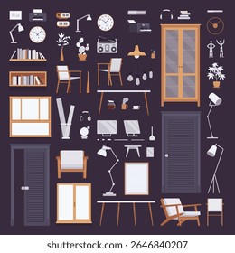 Casa móveis de escritório local de trabalho, coworking espaço decoração home objects pack. Variedade de artigos de papelaria, espaço para o trabalho, estudo, design de interiores do trabalho-de-casa. Ilustração vetorial no plano de fundo preto