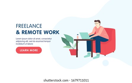 Home office workplace landing page design. Freelance or remote work design concept. Male freelancer working remotely from his laptop in the chair. Vector flat cartoon illustration