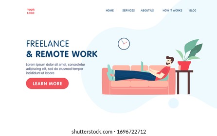 Home office workplace landing page design. Freelance or remote work design concept. Male freelancer working remotely from his laptop on the sofa at home. Vector flat cartoon illustration