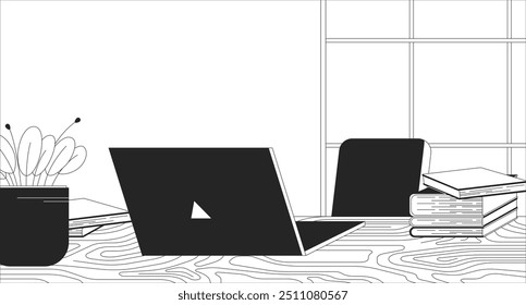 Lugar de trabajo de oficina en casa con ilustración de línea en blanco y negro portátil. Espacio de trabajo con escritorio y ordenador portátil 2D interior monocromo telón de fondo. Muebles domésticos y Vector de contorno de tecnología