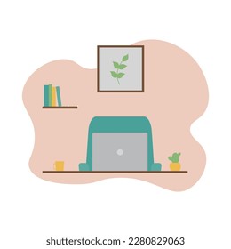 Home office, workplace. Laptop, shelf with books, armchair, cup, cactus, picture on the wall. Vector illustration on the theme of remote work, freelance, online work or online learning, blogging.